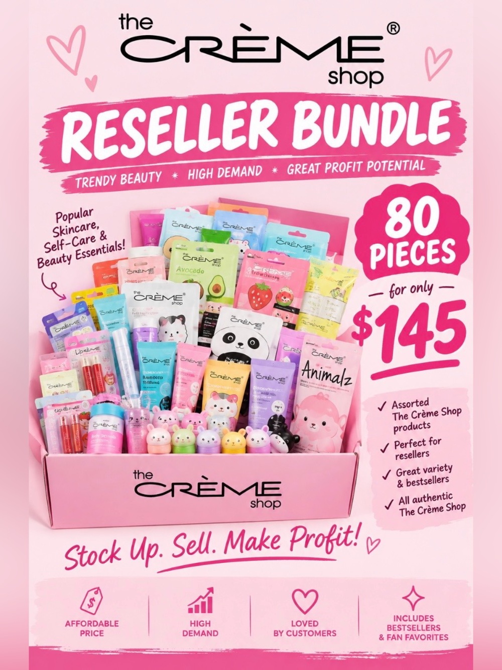 80 pieces of The Crème Shop Mega Reseller Bundle…. And $25 appreciation gift.